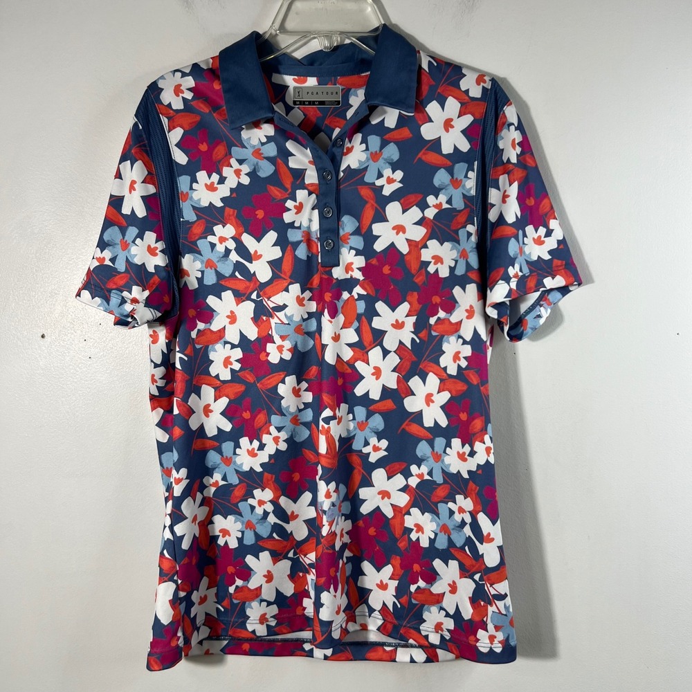 PGA Tour Womens Floral Golf Polo Shirt Blue Red White Mesh Side Panels Size M